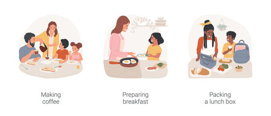 Fototapeta premium Morning rush isolated cartoon vector illustration set. Making coffee, family members at kitchen table, mom serving breakfast, daily routine, preparing meal, packing a lunch box vector cartoon.