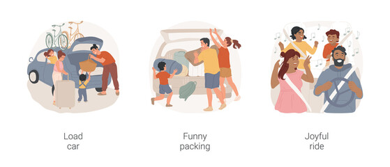 Go camping isolated cartoon vector illustration set. Family going on vacation, loading trunk with bags, funny packing, camping gear does not fit, joyful ride, having fun in car vector cartoon.