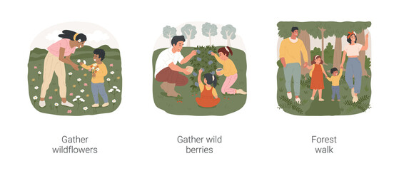Activities in the nature isolated cartoon vector illustration set. Gather wildflowers, walking in the meadow, making bouquet, collect wild berries, walk forest path, summer camping vector cartoon.