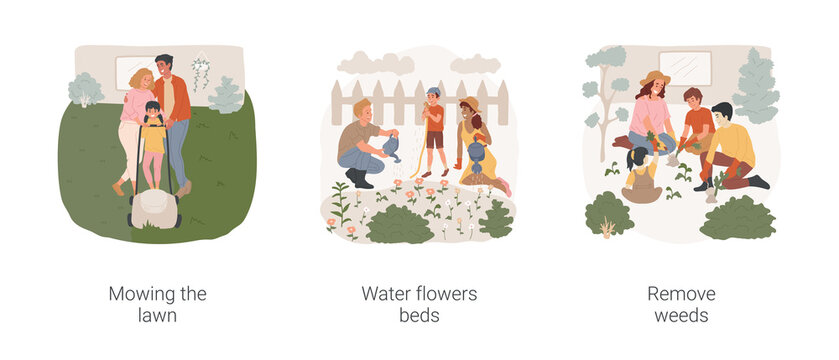 Seasonal outdoor works isolated cartoon vector illustration set. Mowing the lawn, water flowers beds outdoor, child holding a hose, remove weeds on backyard, family working outside vector cartoon.