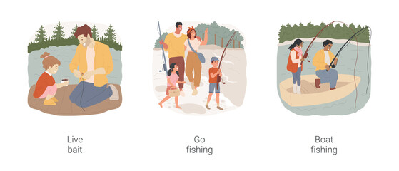 Fototapeta premium Family fishing isolated cartoon vector illustration set. Man hooks the live bate, fishing with child, family vacation at lake, holding fishing rod, catching fish from boat, holiday vector cartoon.
