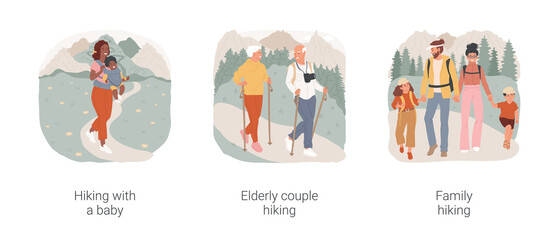 Fototapeta premium Family hiking isolated cartoon vector illustration set. Hiking with a baby, elderly couple trekking with sticks, family, walking in nature, holiday adventure, active lifestyle vector cartoon.