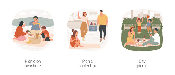 Picnic time isolated cartoon vector illustration set. Happy family members sitting on blanket on sand, seaside picnic, people carry cooler box with cold drinks, lunch in urban park vector cartoon.