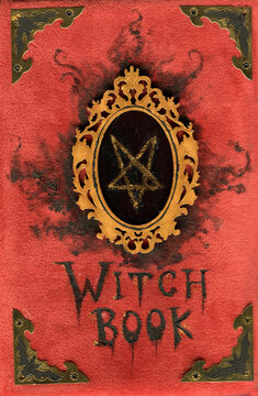 Hand drawn cover with wicca and mystic symbols for witch magic spell book. Gothic, occult and esoteric background. Halloween concept