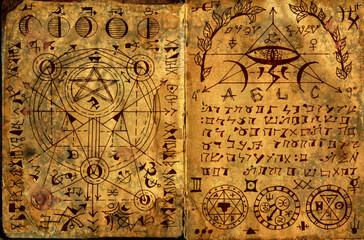 Fototapeta na wymiar Hand drawn Halloween illustration of old page with wicca and mystic symbols from witch magic spell book. Gothic, occult and esoteric background.