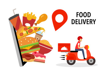 Food delivery app on smartphone and delivery man riding scooter in flat design on white background.