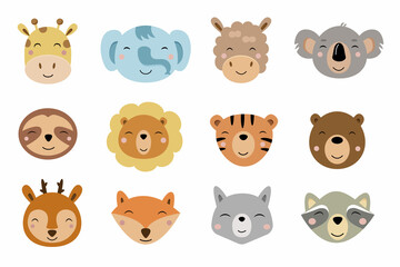 Cartoon cute animals for children's card and invitation. Vector illustration. Giraffe, elephant, alpaca, koala, sloth, lion, tiger, bear, deer, fox, wolf, raccoon.