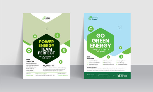 Solar panel business flyer templates and green energy poster layout design