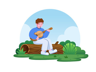 Fototapeta premium Young man playing guitar on Campsite and sitting on logs vector illustration, Camping people activities cartoon illustration. Suitable for web, landing page, animation, print, book, etc