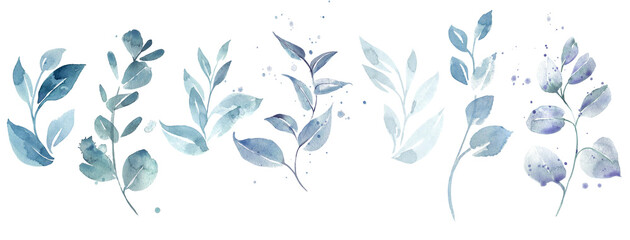 Turquoise greenery watercolor set, floral set of green leaves.