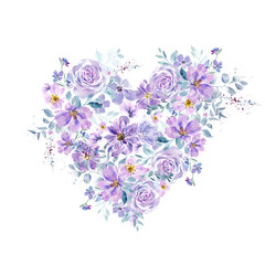 Very peri love illustration. Heart of lilac flowers and leaves. Wedding invitation, valentine's day postcard