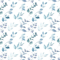 Seamless pattern watercolor greens. Eucalyptus leaves pattern. Boho style background. Rustic wallpaper.