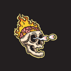 frantic skull illustration of burning brain and bulging eyes