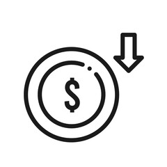 dollar bill icon with an arrow pointing down which means a decrease in the value of the dollar bill