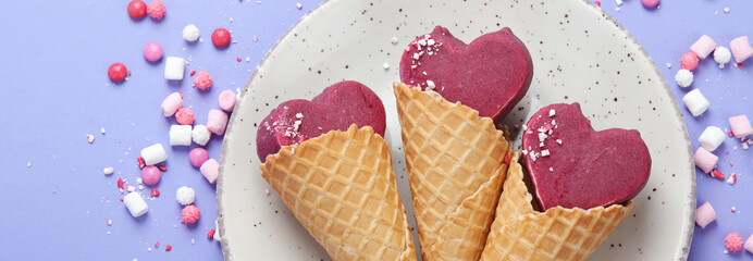 Violet blueberry ice-cream on lilac background.