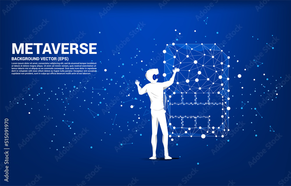 Poster silhouette man wear vr glasses and dot connect line shaped sim card icon. concept for mobile sim car