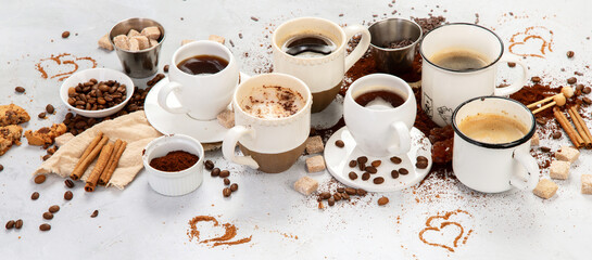 Obraz na płótnie Canvas Coffee cup assortment on light background.