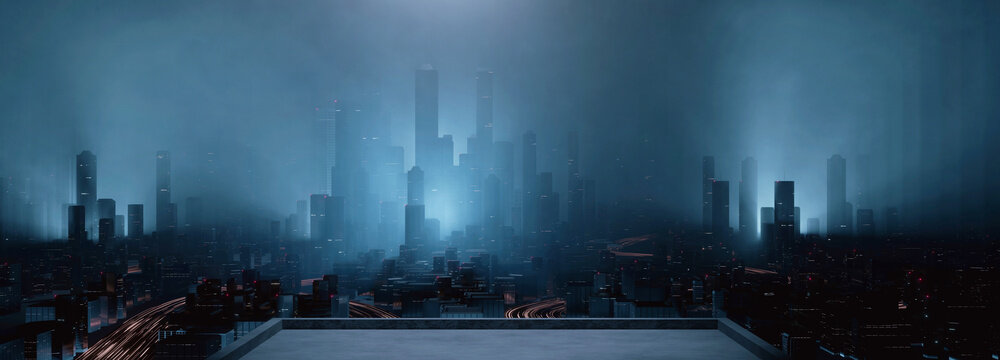 3D Rendering Of Building Deck Rooftop In Mega Cyberpunk Style City Surrounding With Many Skyscraper Towers And Lights From Highway. Night Scene. For Business Technology Product Background, Wallpaper