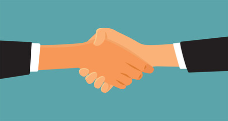 Businessmen Closing the Deal with a Handshake Vector Cartoon Illustration. Businesspeople using a formal gesture for partnership negations success
