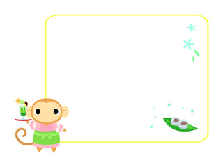 和カフェのサル　長方形フレーム＋装飾付