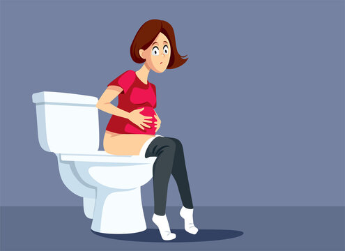 Pregnant Woman Sitting on the Toilet Vector Cartoon Illustration. Mother to be having cramps feeling constipated 
