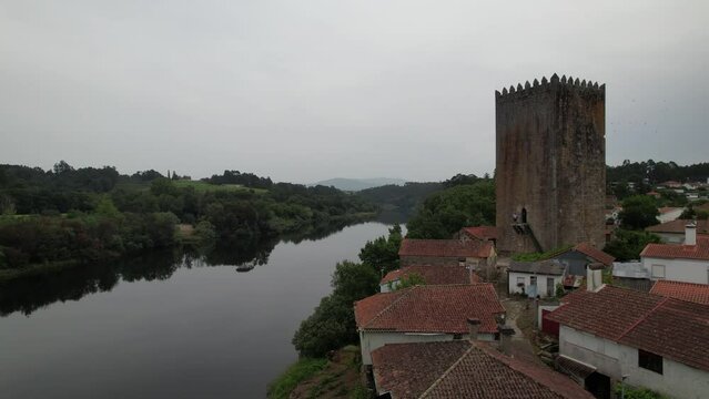 Flying Over Medieval Castle of Lapela in Mon&ccedil;&atilde;o. River Minho Border Between Portugal and Spain