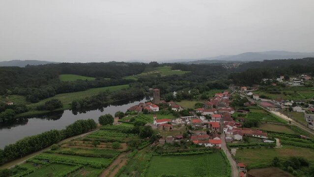 Aerial View of Beautiful Village and Medieval Castle of Lapela. River Minho in Mon&ccedil;&atilde;o, Portugal