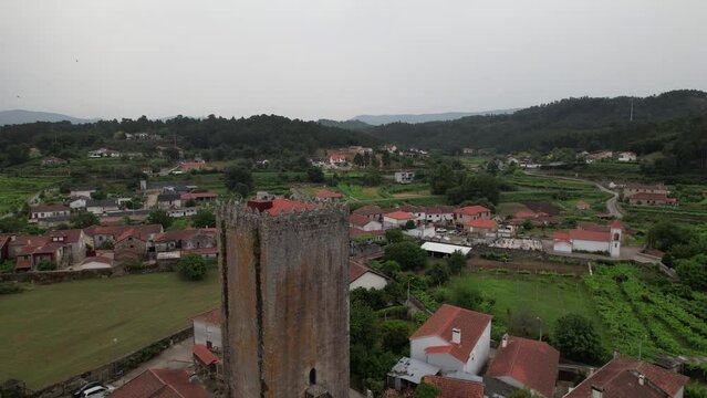 Mon&ccedil;&atilde;o, Medieval Tower of Lapela Aerial View. River Minho, Portugal