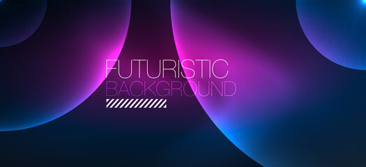 Shiny neon geometric abstract background. Glowing lights on round shapes, triangles and circles. Wallpaper for concept of AI technology, blockchain, communication, 5G, science, business
