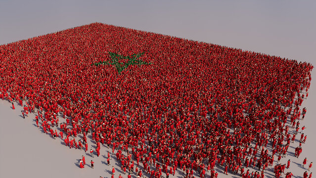 Aerial view of a Crowd of People, coming together to form the Flag of Morocco. Moroccan Banner on White Background.