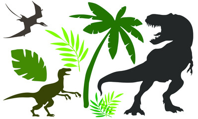 Dinosaur vector set. Trees, leaves, silhouettes, icons, natural plants, historical concepts and extinct animals. (Jurassic dinosaur) logo, symbol, isolated on white background