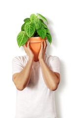 Person with a potted plant instead of head. Plantsman is a lifestile. - obrazy, fototapety, plakaty