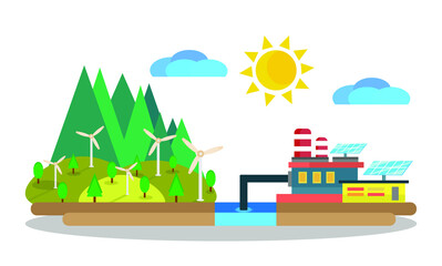 Conserving green energy with mountains ecological way of life vector illustration for data graphics green renewable energy house concept Solar panels and wind turbines isolated on a white background