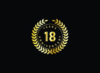 18th anniversary celebration with gold glitter color and white background. Vector design for celebrations, invitation cards and greeting cards.