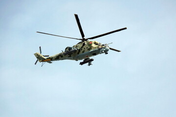 Mi-24 attack helicopter during the dress rehearsal of the parade dedicated to the Victory in the...
