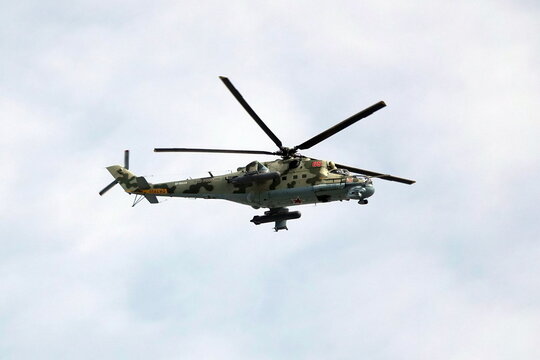 Mi-24 attack helicopter during the dress rehearsal of the parade dedicated to the Victory in the Great Patriotic War