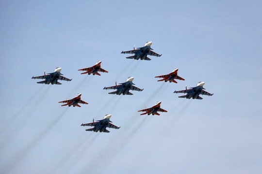 The formation of military aircraft "Cuban diamond" in the sky over Moscow during the dress rehearsal of the parade dedicated to the 77th anniversary of Victory
