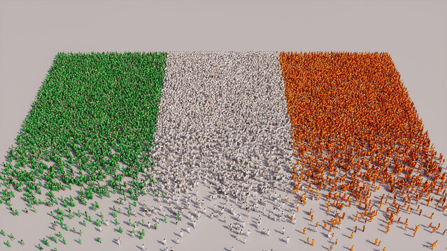 Aerial view of a Crowd of People, congregating to form the Flag of Ireland. Irish Banner on White Background.