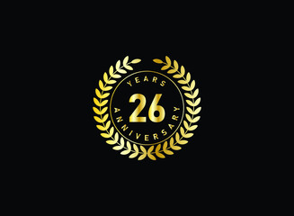 26th anniversary celebration with gold glitter color and white background. Vector design for celebrations, invitation cards and greeting cards.