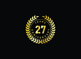 27th anniversary celebration with gold glitter color and white background. Vector design for celebrations, invitation cards and greeting cards.