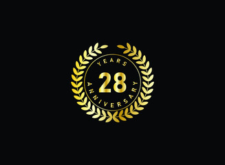 Fototapeta premium 28th anniversary celebration with gold glitter color and white background. Vector design for celebrations, invitation cards and greeting cards.