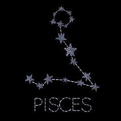 Watercolor Pisces zodiac icon with line and stars and lettering. Embroidered blue color zodiac constellation symbol on the black background.