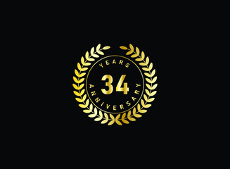 34th anniversary celebration with gold glitter color and white background. Vector design for celebrations, invitation cards and greeting cards.