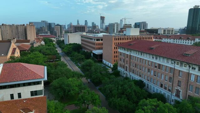 UT Austin Campus. University Of Texas Academic Buildings And College Student Dorms. Aerial Of Main Campus Walkway.