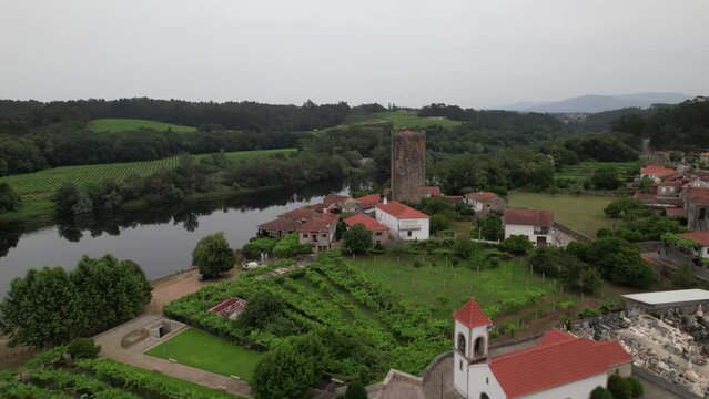 Mon&ccedil;&atilde;o, Medieval Tower and Village of Lapela Aerial View. River Minho, Portugal