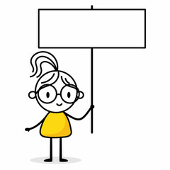 Businesswoman holds a board isolated on white background. Hand drawn doodle woman. Vector stock illustration