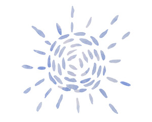 Watercolor blue embroidery sun. Sun illustration symbols with machine embroidered texture background, stitch effect Illustration.