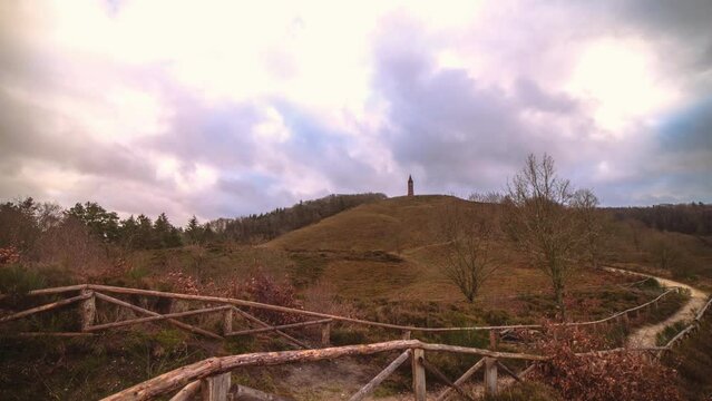 Aerial of a Tourist Hiking Along the Hills in Himmelbjerget Area, Denmark