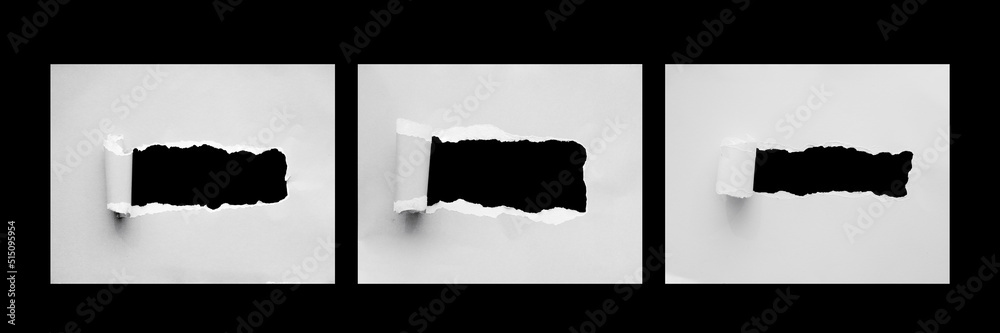 Poster torn paper with the curled rolls ripped sides. a long black hole of torn on the white paper. realist