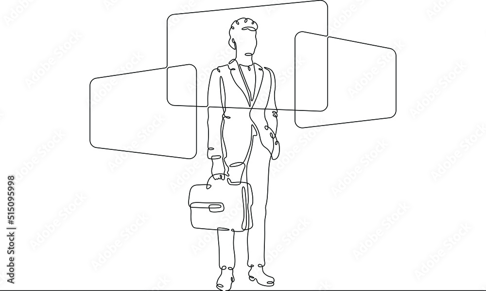 Poster one continuous line. the student reads the information on the screen. learning with the help of new 